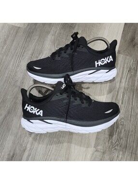 Hoka One One Clifton 8 Running Gym Shoes Womens 8.5B Black White 1119394 BWHT